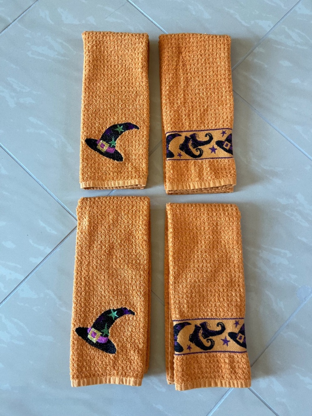 #2918 Halloween kitchen hand towels witch hat design orange